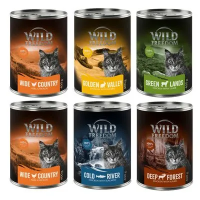 Wild Freedom Adult 6 x 400 g - getreidefreie Rezeptur Mixpaket 1 (Huhn, Seelachs, Lamm, Kaninchen, Wild)