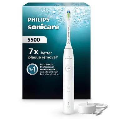 Philips Sonicare serie 5500 Sonicare Spazzolino Elettrico Sonico con base di ricarica, 2 livelli di intensità, sensore di pressione colore bianco HX7110/01